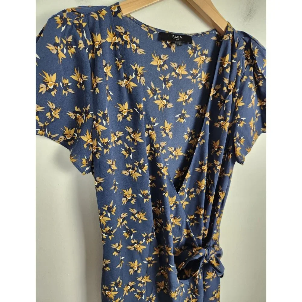 Saba Silk Women's Sz. 6 Floral 100% Silk Short Sleeve Wrap Dress - Picture 3 of 7